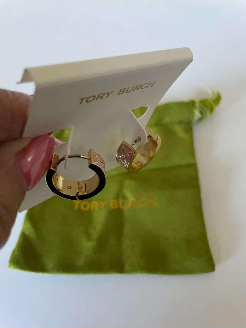 Tory Burch Gold-Tone Huggie Earrings with Pink Enamel Logo